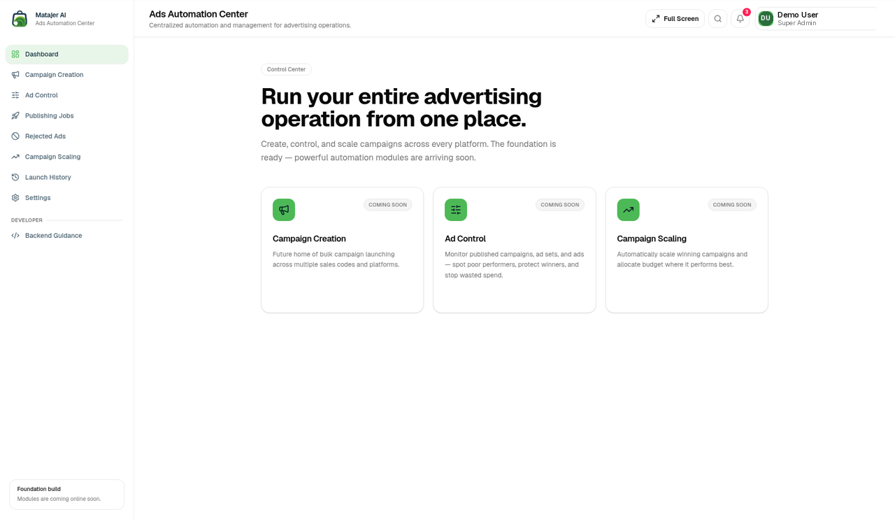 Advertising Center dashboard